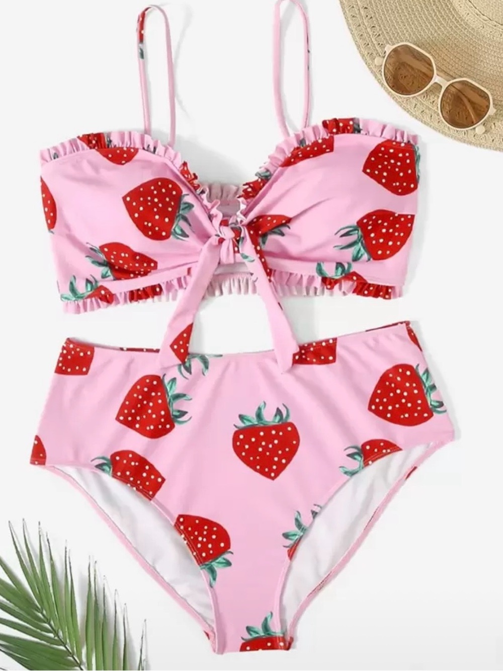 SHEIN Pink Strawberry Print High-Waist Bikini Set